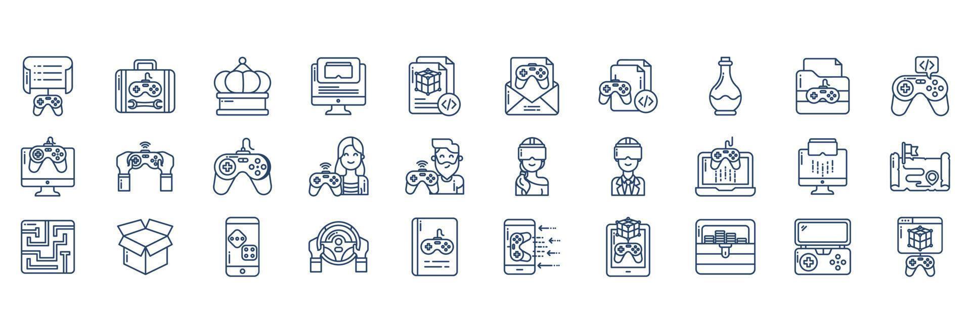 Collection of icons related to Game Development, including icons like Briefcase, Gamepad, Crown, Desktop and more. vector illustrations, Pixel Perfect set
