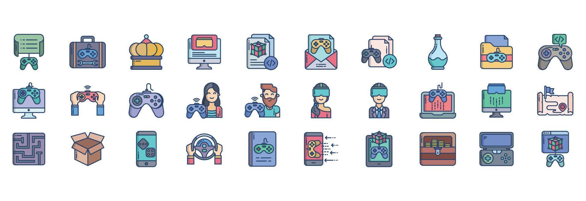 Collection of icons related to Game Development, including icons like Briefcase, Gamepad, Crown, Desktop and more. vector illustrations, Pixel Perfect set