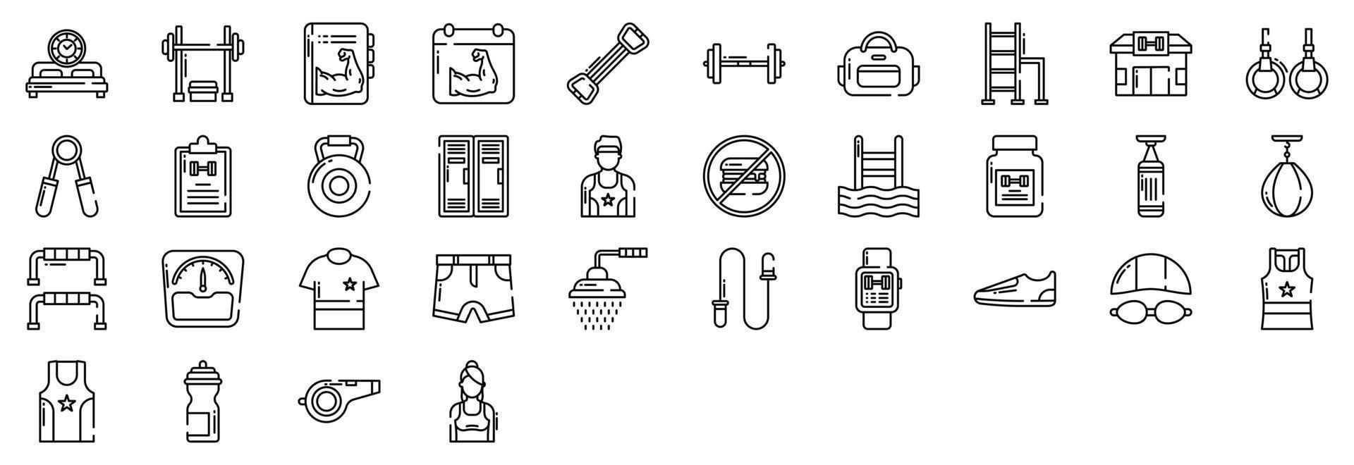 Collection of icons related to Gym and exercise, including icons like Bench Press, Chest Expander, Dumbbell, Gym Bag and more. vector illustrations, Pixel Perfect set