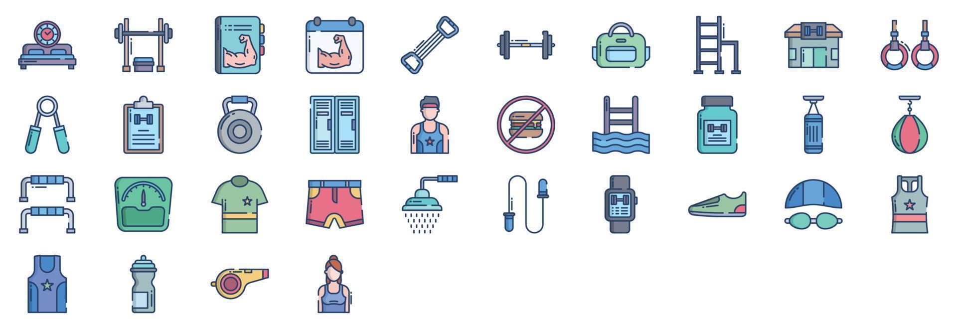 Collection of icons related to Gym and exercise, including icons like Bench Press, Chest Expander, Dumbbell, Gym Bag and more. vector illustrations, Pixel Perfect set