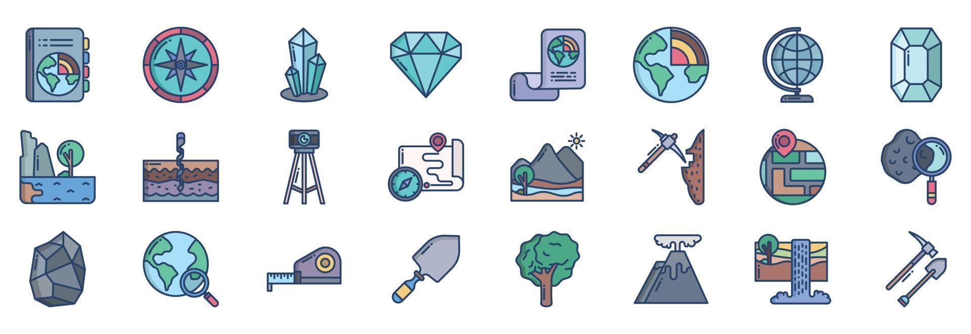 Collection of icons related to Geography, including icons like Book, Compass, Crystal, Dimond and more. vector illustrations, Pixel Perfect set