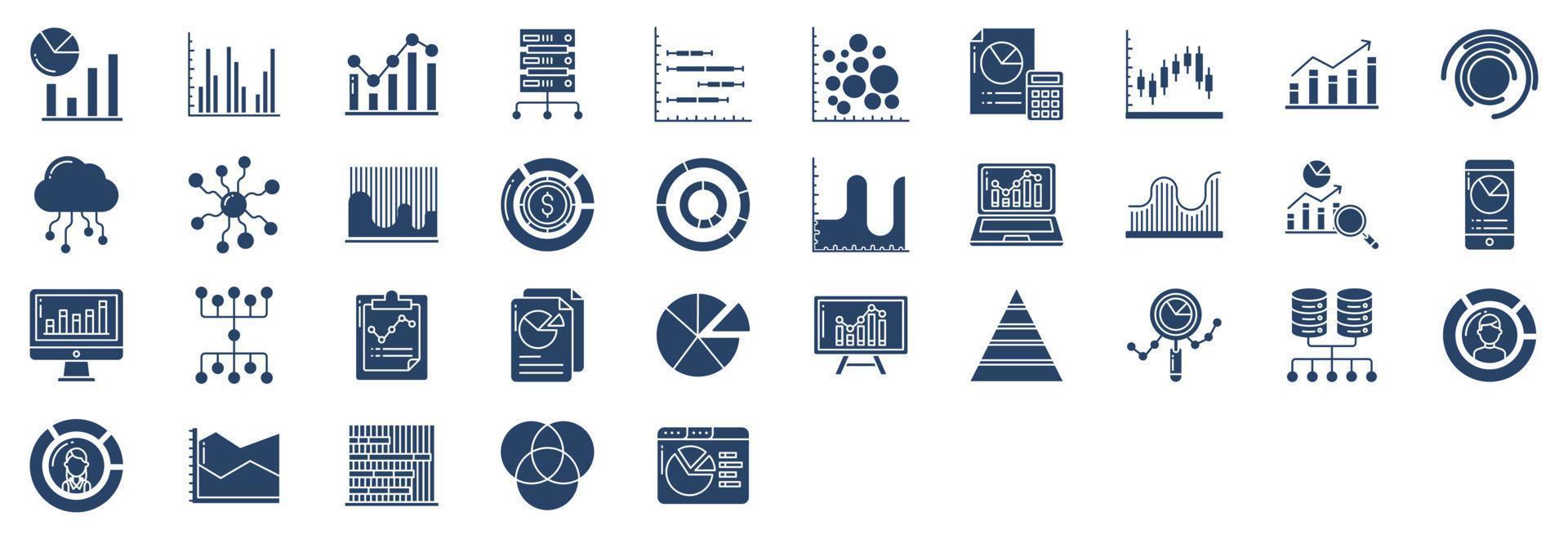 Collection of icons related to Graph and Data Analytics, including icons like Bar chart, Big Data, Calculator, Diagram and more. vector illustrations, Pixel Perfect set