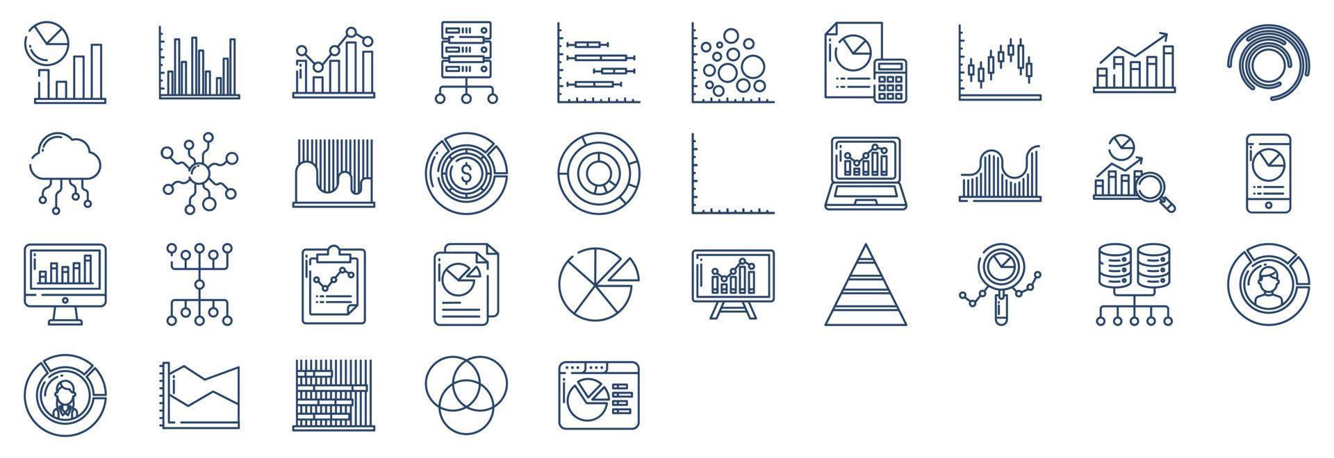 Collection of icons related to Graph and Data Analytics, including icons like Bar chart, Big Data, Calculator, Diagram and more. vector illustrations, Pixel Perfect set