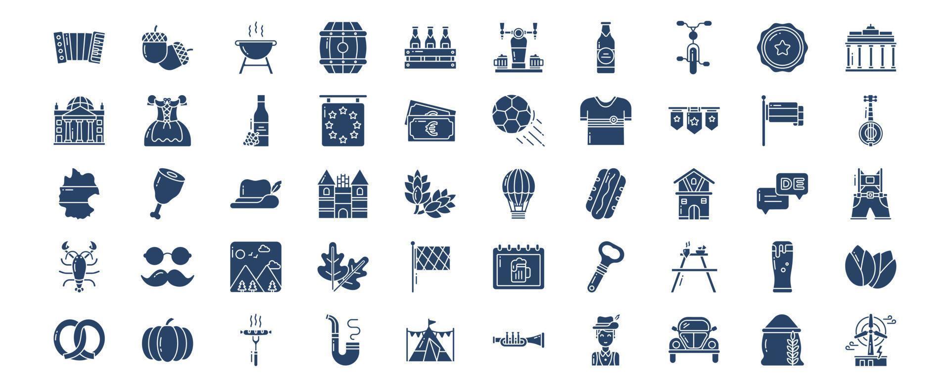 Collection of icons related to Germany, including icons like Accordion, Acorn, Beer Box, Barrel and more. vector illustrations, Pixel Perfect set