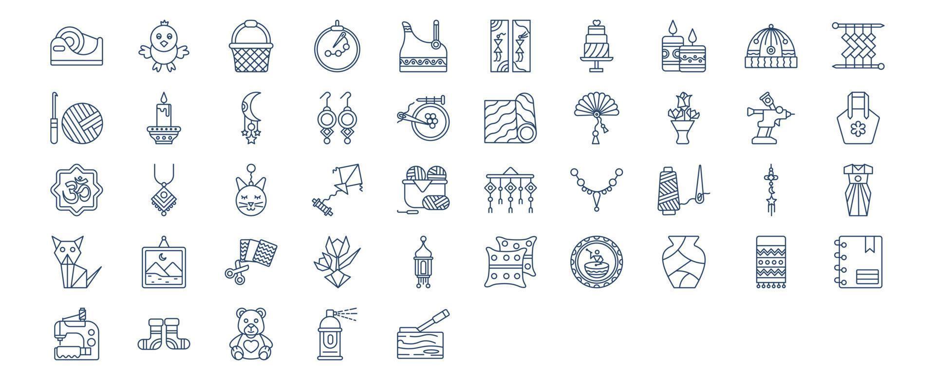 Collection of icons related to Handmade craft, including icons like Basket, Beadwork, Candles, Cap and more. vector illustrations, Pixel Perfect set
