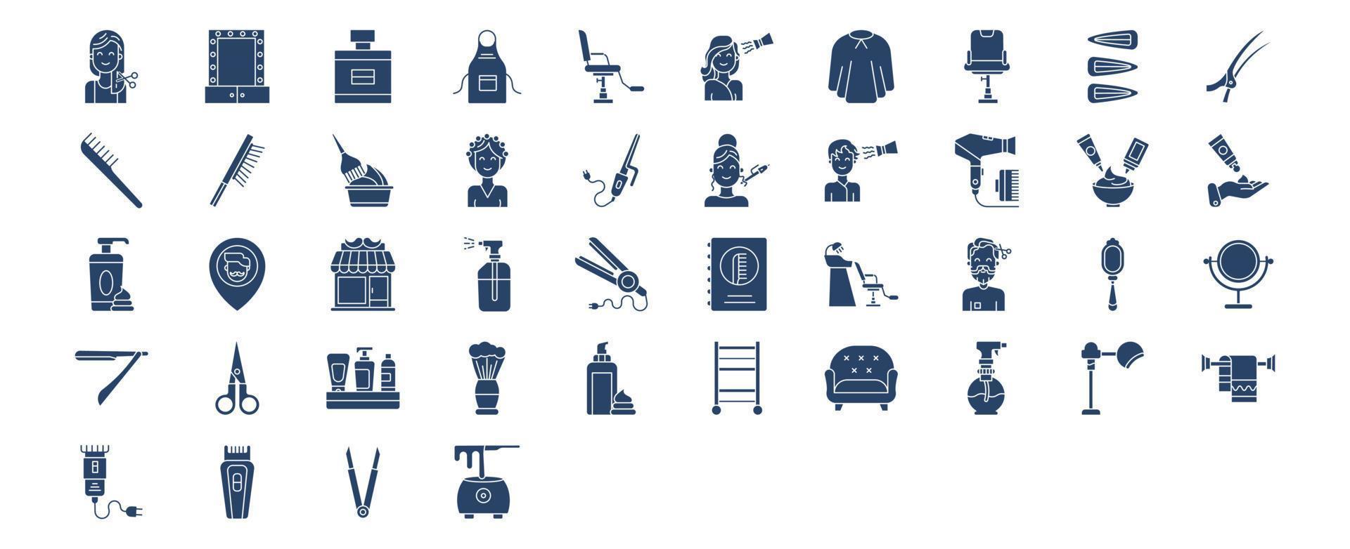 colección de íconos relacionados con la peluquería, incluidos íconos como capa, sillón, clip, peine y más. ilustraciones vectoriales, conjunto perfecto de píxeles vector