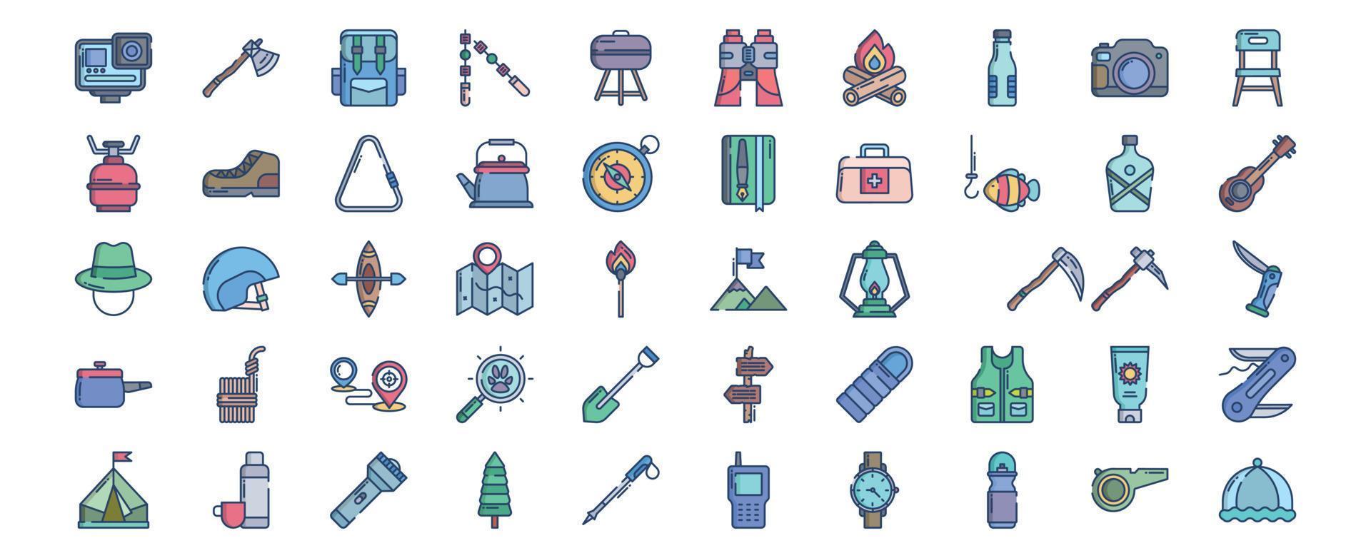 Collection of icons related to Hiking and trekking, including icons like Action Camera, Backpack, Bbq, Binoculars and more. vector illustrations, Pixel Perfect set