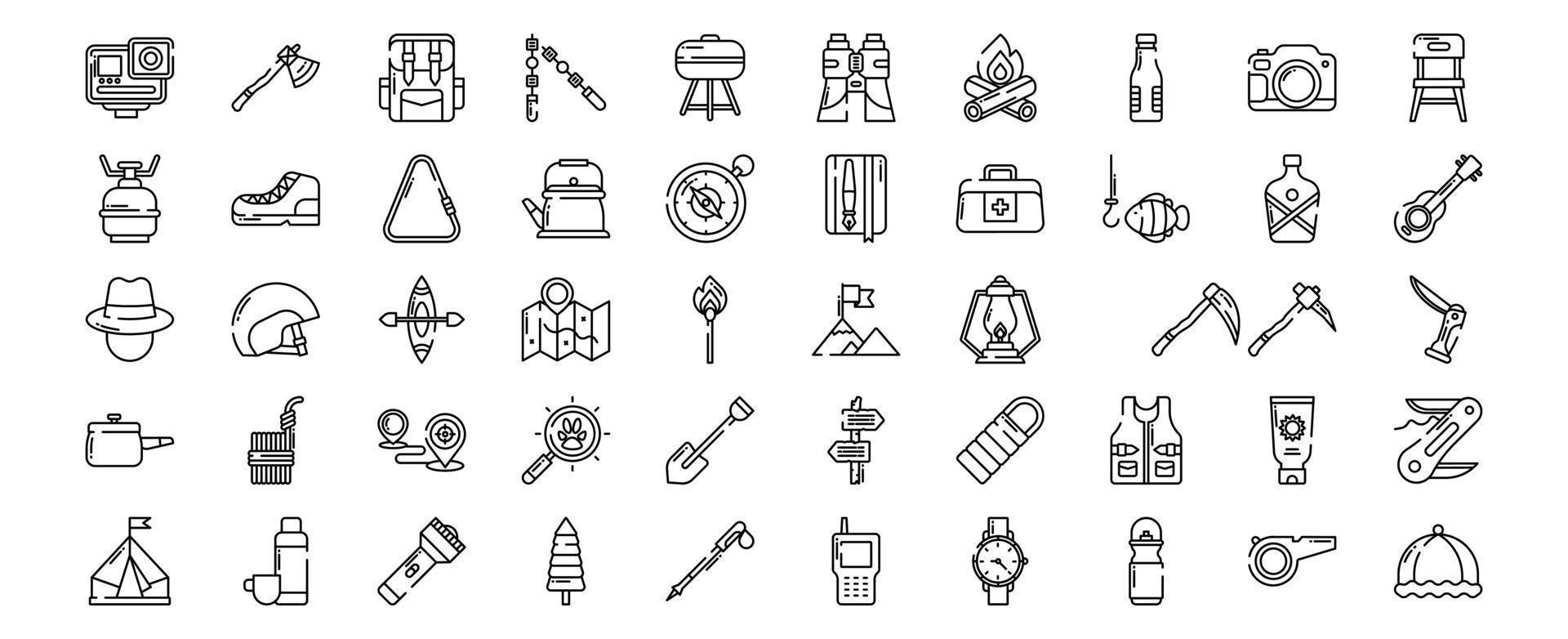 Collection of icons related to Hiking and trekking, including icons like Action Camera, Backpack, Bbq, Binoculars and more. vector illustrations, Pixel Perfect set