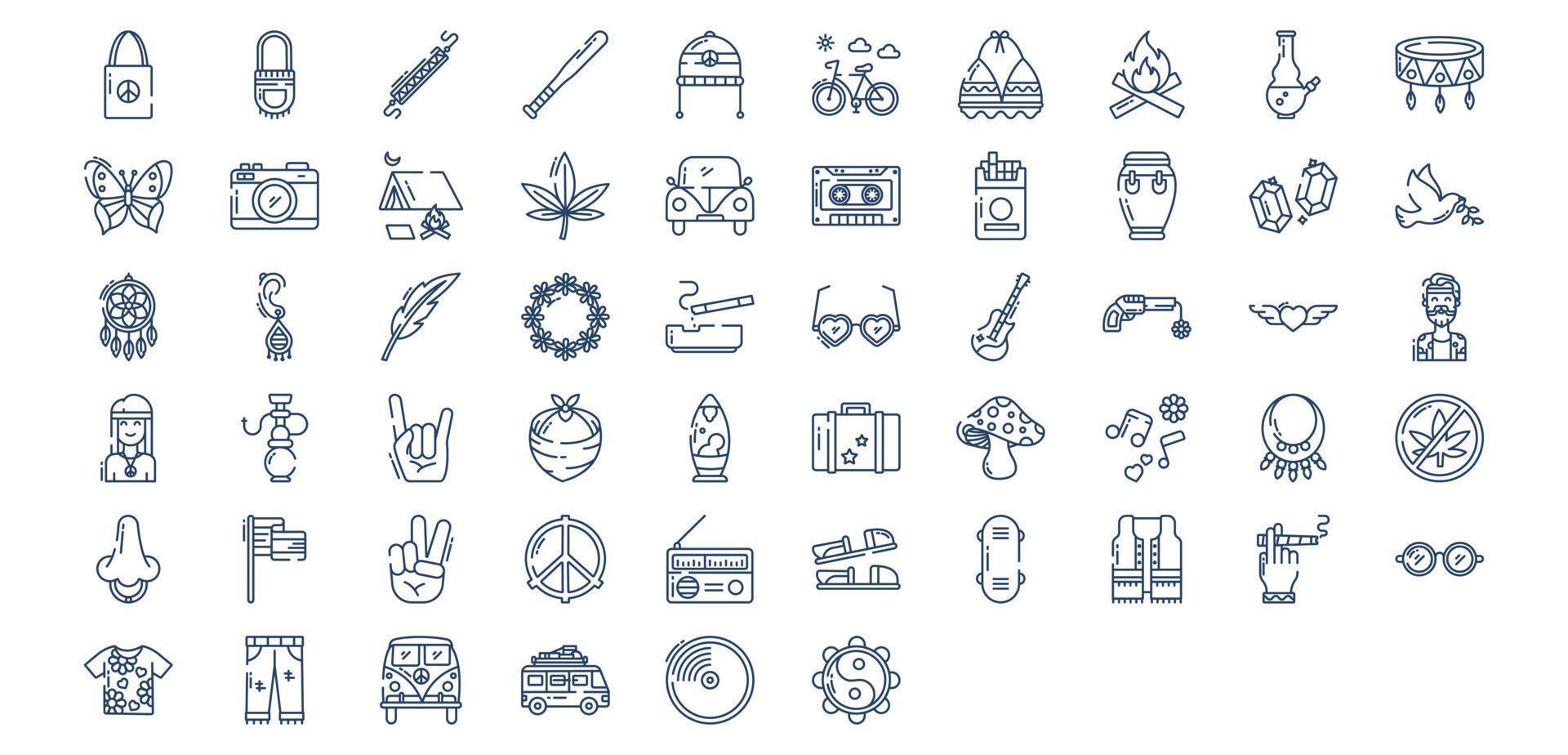 Collection of icons related to Hippie, including icons like Bag, Baseball, Peace, Bicycle, Bikini and more. vector illustrations, Pixel Perfect set