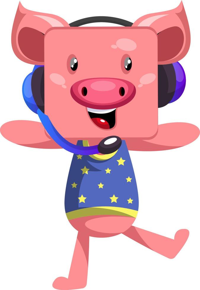 Pig with headphones, illustration, vector on white background.