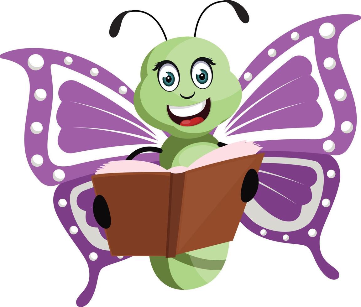 Butterfly with book, illustration, vector on white background.