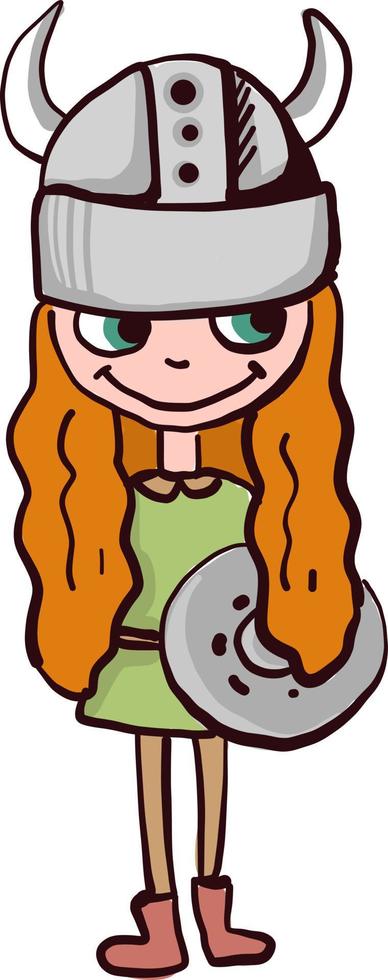 Viking girl with orange hair, illustration, vector on white background