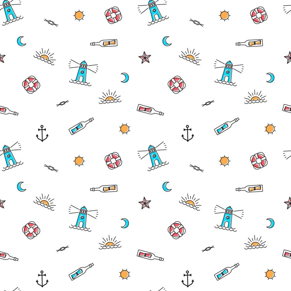 Vector line art summer seamless beach pattern. Seamless fabric or wrapping paper design.