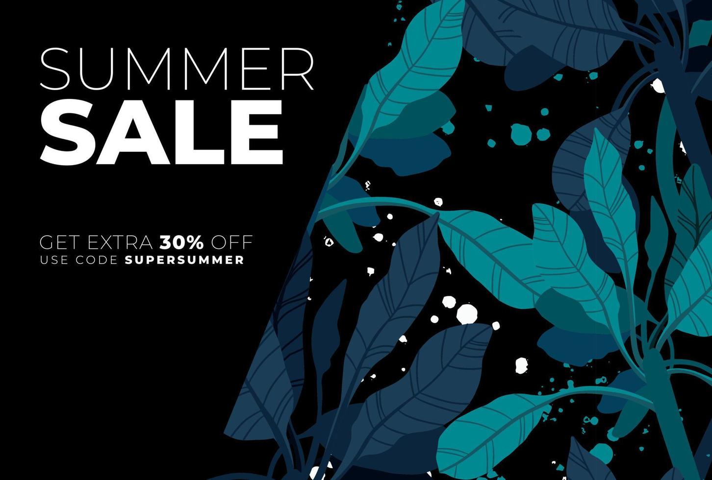 Dark vector summer design with exotic palm leaves and space for text. Sale offer template, banner of flyer background. Tropical backdrop illustration.