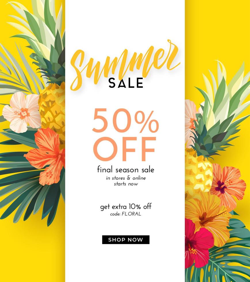 Dark vector summer design with exotic palm leaves, hibiscus flowers, pineapples and space for text. Sale offer template, banner of flyer background. Tropical backdrop illustration.