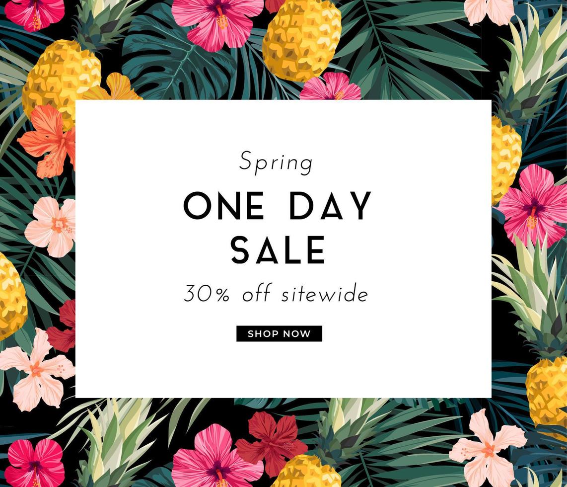 Dark vector summer design with exotic palm leaves, hibiscus flowers, pineapples and space for text. Sale offer template, banner of flyer background. Tropical backdrop illustration.