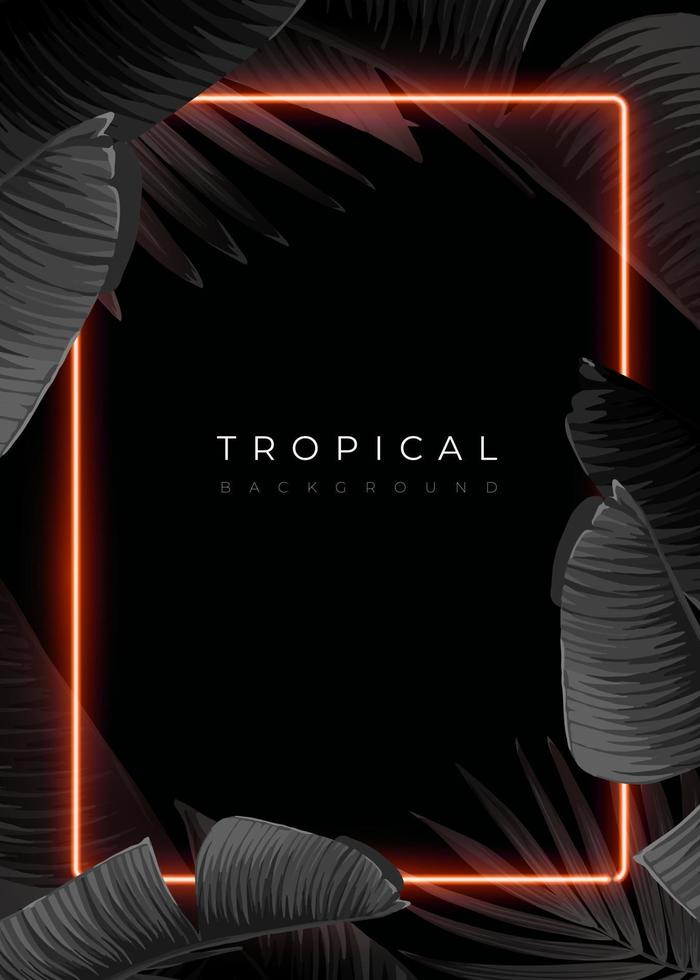 Dark monochrome tropical design with exotic banana leaves, soft neon frames and space for text. Vector summer template for poster, banner, card or flyer.