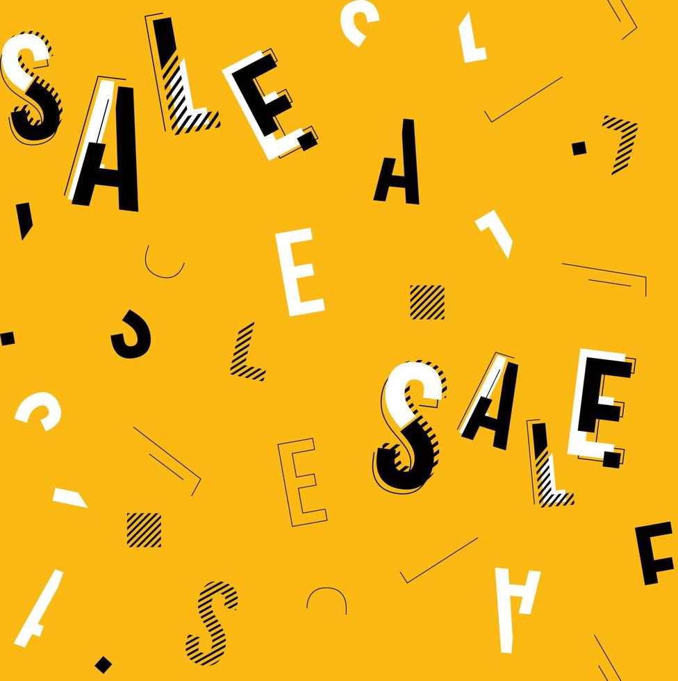 Vector black, white and yellow sale typography seamless pattern with geometric details.