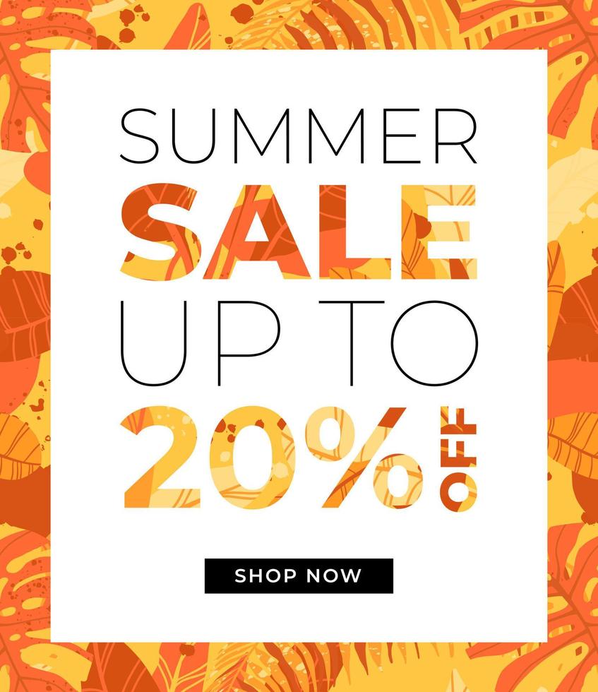 Bright orange vector summer design with exotic palm leaves and space for text. Sale offer template, banner of flyer background. Tropical backdrop illustration.