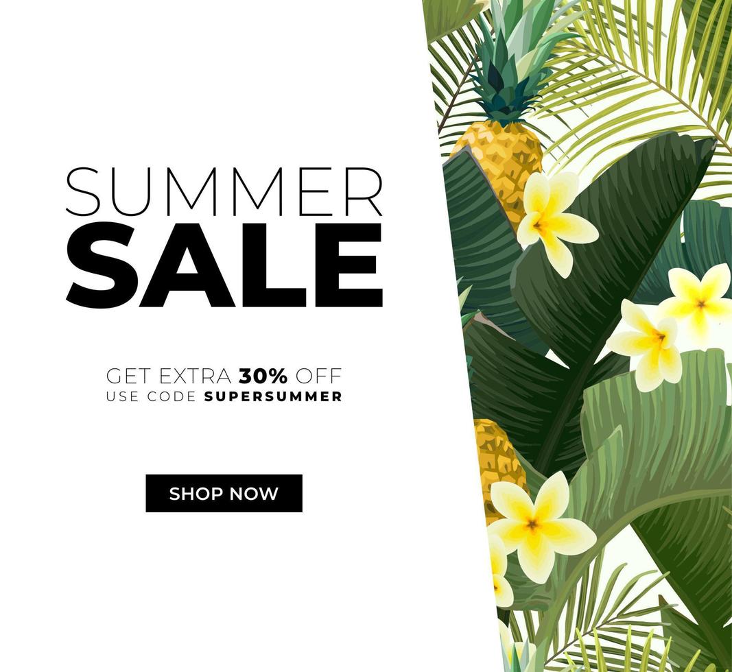 Vector summer design with exotic banana palm leaves, Frangipani flowers, pineapples and space for text. Sale offer template, banner of flyer background. Tropical backdrop illustration.