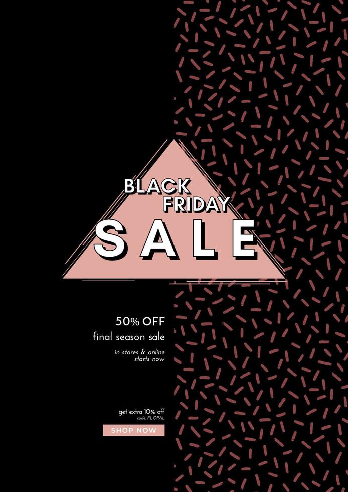 Absctract vector black friday design with doodle memphic pattern and triangle copy space. Modern banner or flyer design.