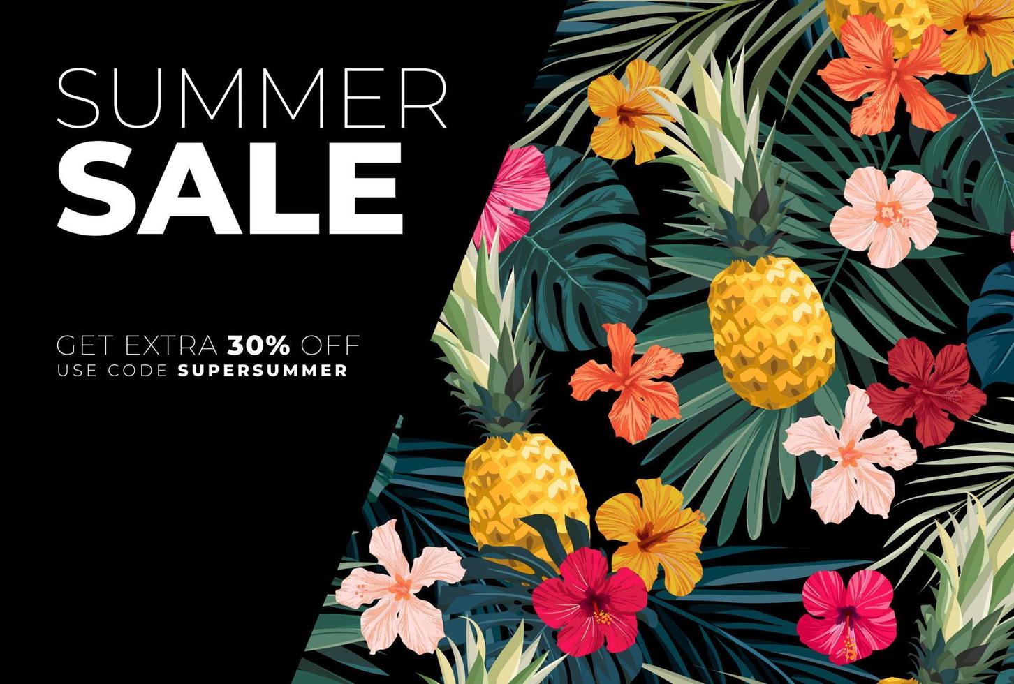 Vector summer design with exotic palm leaves, hibiscus flowers, pineapples and space for text. Sale offer template, banner of flyer background. Tropical backdrop illustration.