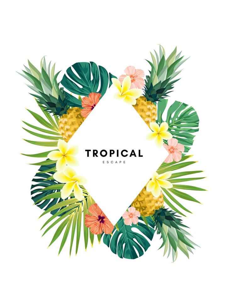 fondo de verano tropical con hojas de palma, flores y piñas. vector