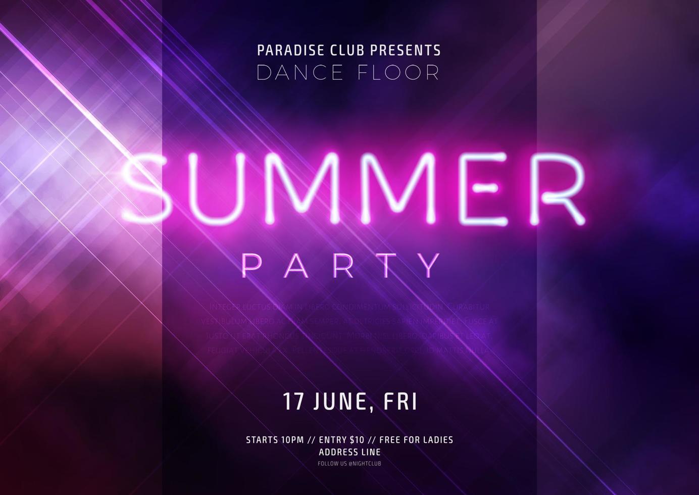 Dark purple neon tropical summer party flyer with lettering. Electric glow background with copy space. Modern blurs and gradients. Vector illustration.