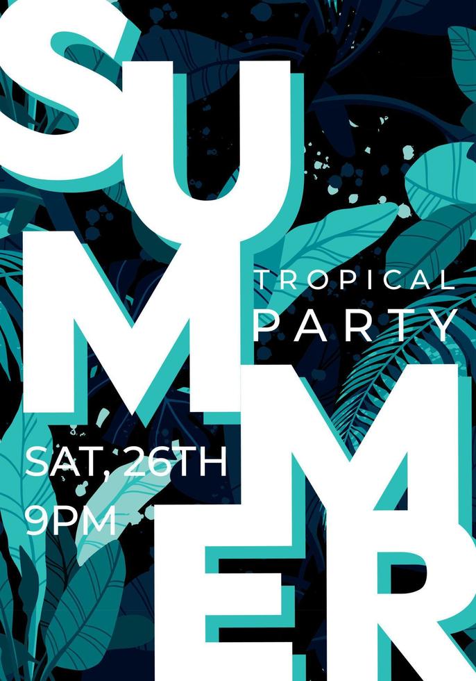 Dark vector summer design with exotic palm leaves and space for text. Party flyer or banner template. Tropical background illustration.