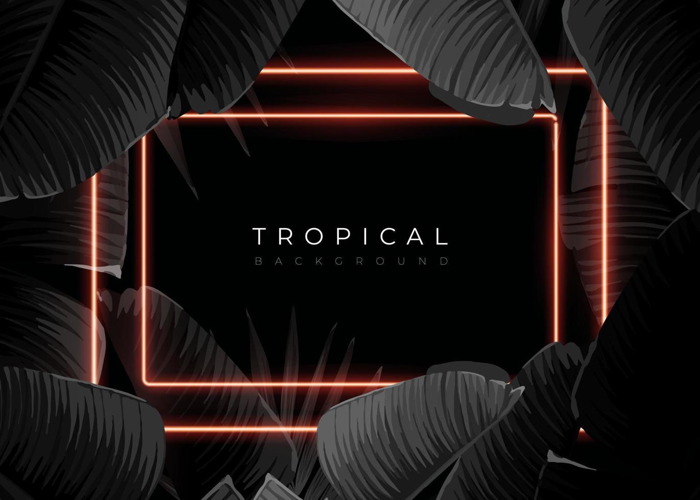 Dark monochrome tropical design with exotic banana leaves, soft neon frames and space for text. Vector summer template for poster, banner, card or flyer.