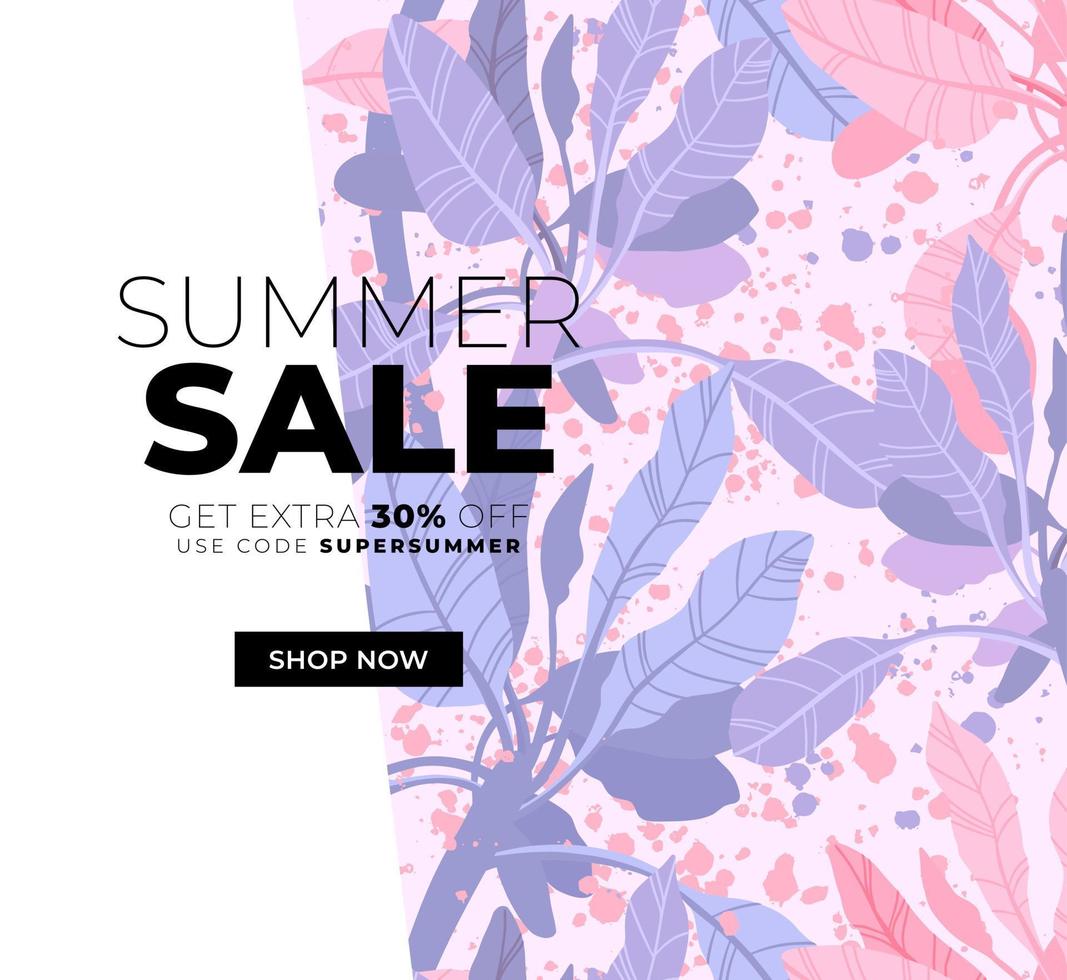 Delicate pale vector summer design with exotic palm leaves and space for text. Sale offer template, banner of flyer background. Tropical backdrop illustration.