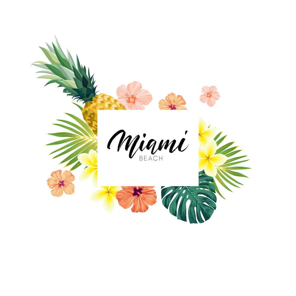 Tropical summer background with palm leaves, flowers and pineapples. vector