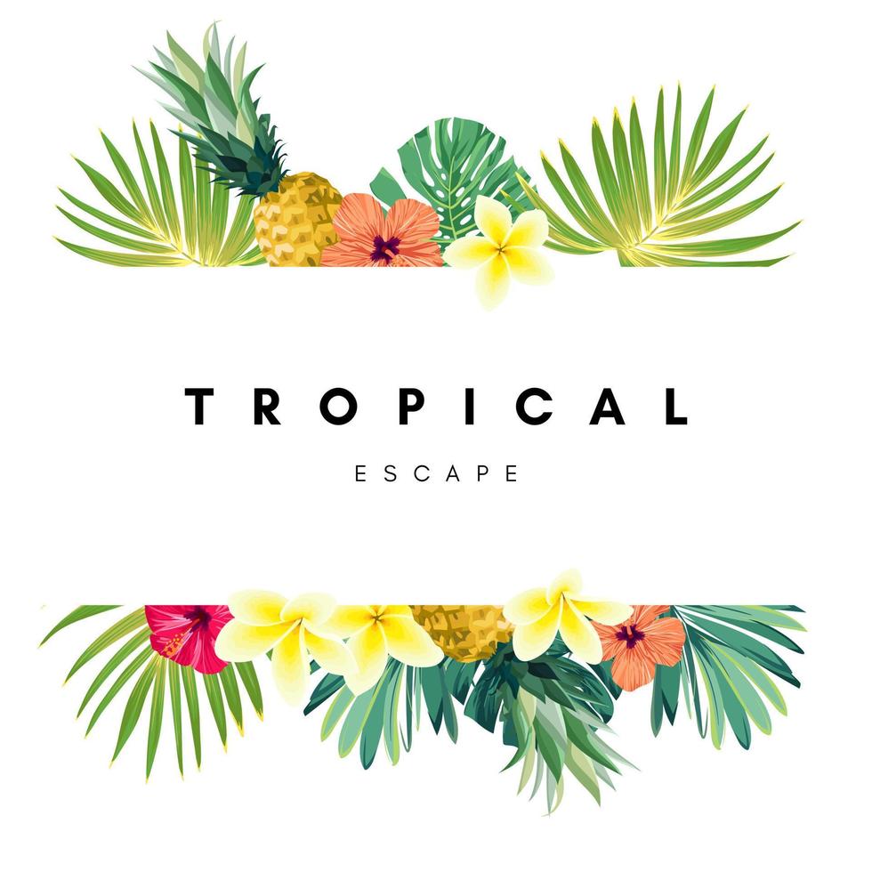 fondo de verano tropical con hojas de palma, flores y piñas. vector