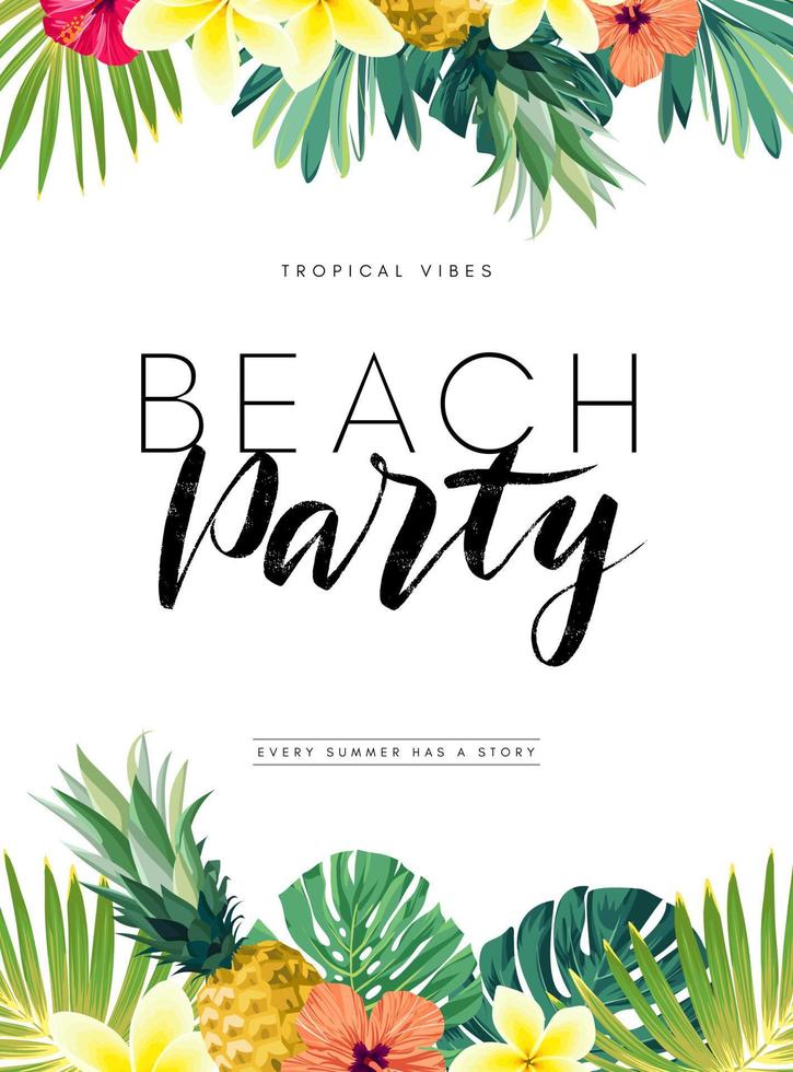 Tropical summer background with palm leaves, flowers and pineapples. vector