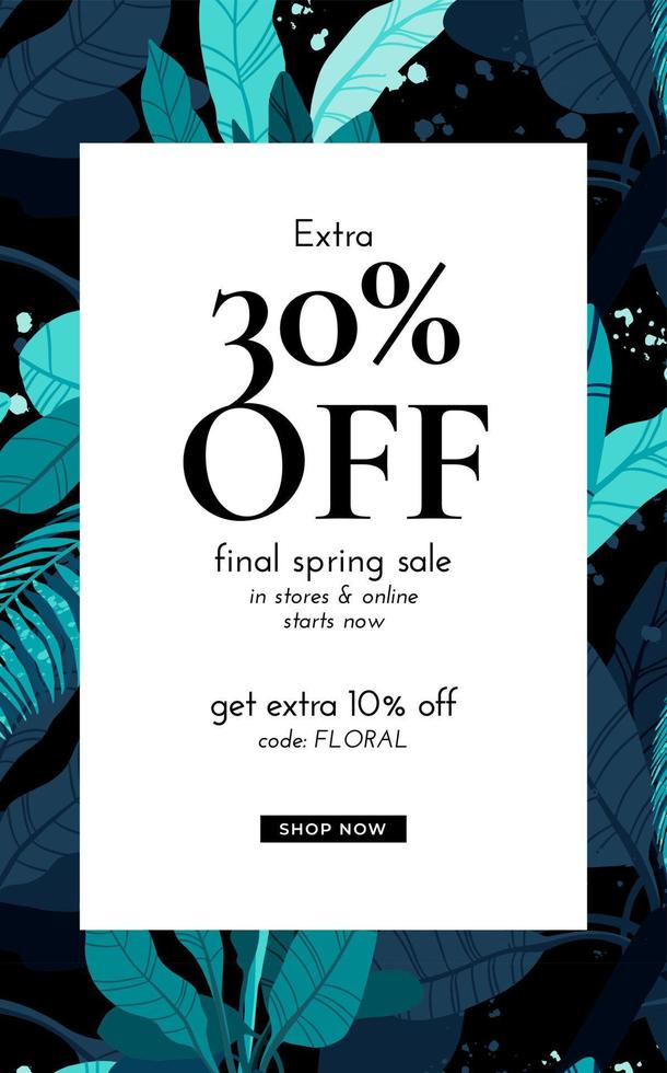 Dark vector summer design with exotic palm leaves and space for text. Sale offer template, banner of flyer background. Tropical backdrop illustration.