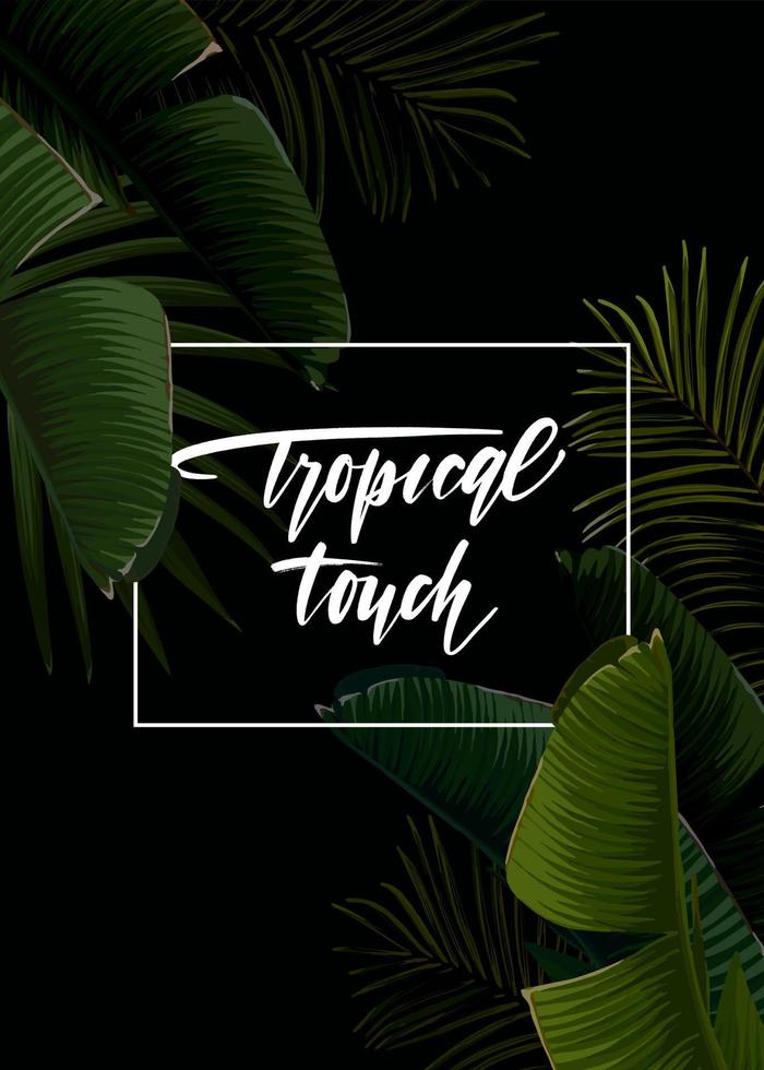 Dark tropical summer design with banana palm leaves, glowing frame and space for text. Vector flyer, banner or card template. Summer vector background.
