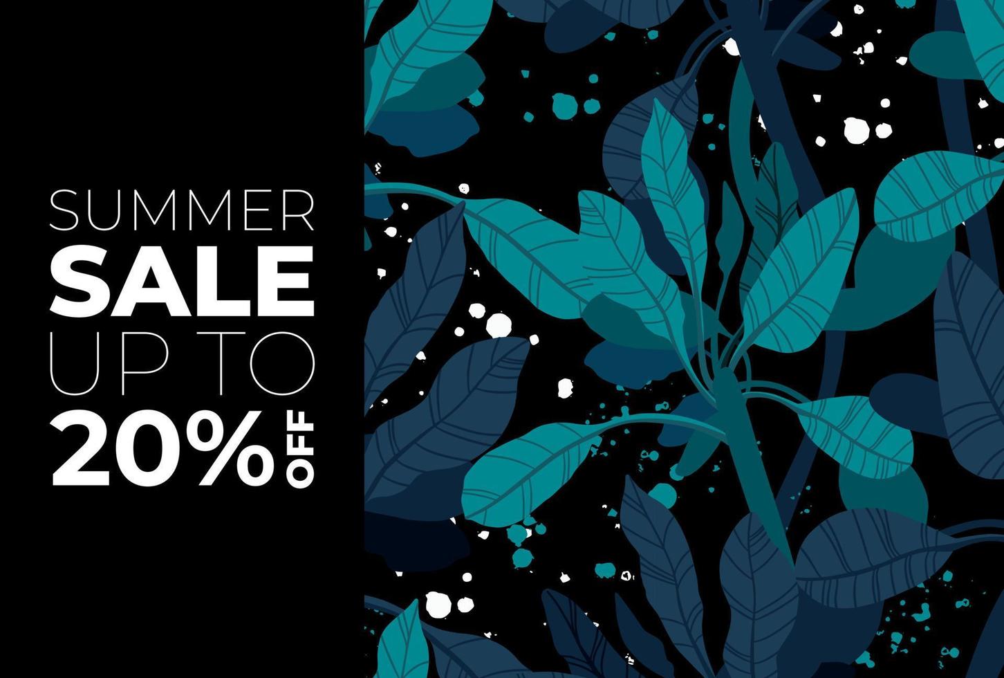 Dark vector summer design with exotic palm leaves and space for text. Sale offer template, banner of flyer background. Tropical backdrop illustration.