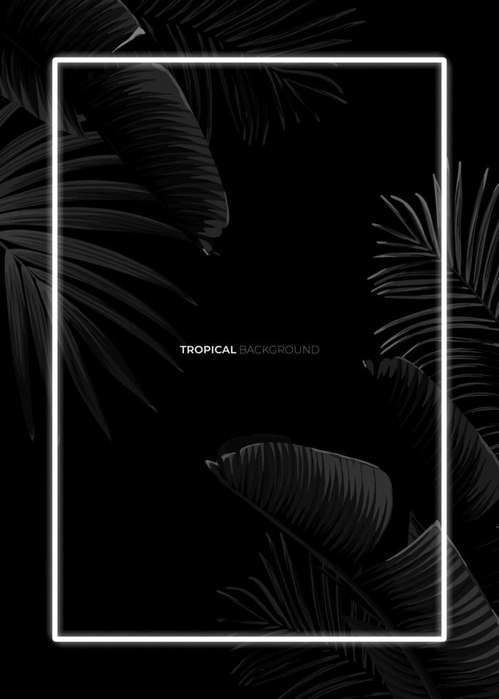 diseño tropical monocromático oscuro con hojas de plátano exóticas, marcos de neón suaves y espacio para texto. plantilla vectorial de verano para afiches, pancartas, tarjetas o volantes. vector