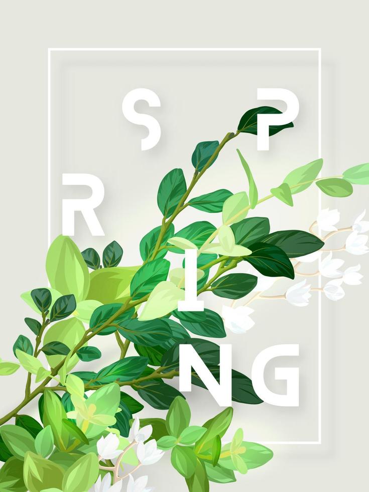 Spring floral eco design with white lily flowers, green leaves and succulent plants. Vector template for flyer, banner or card. Illustrated nature background.