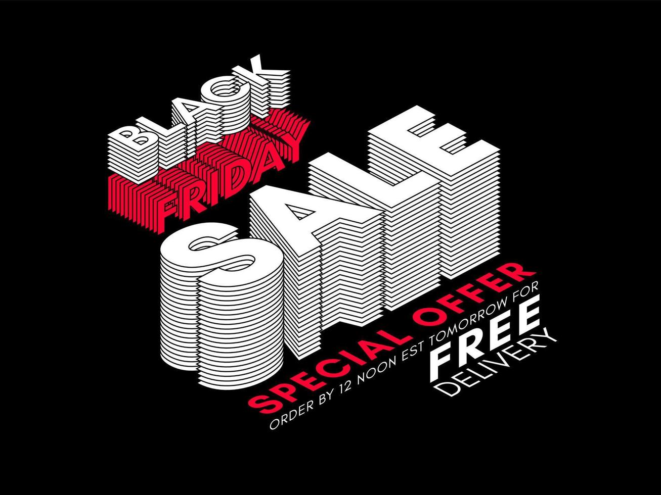 Vector black, red and white 3D effect sale typography design on a black background.
