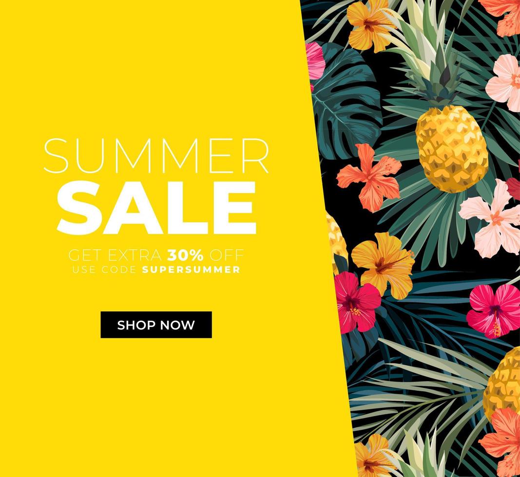Dark vector summer design with exotic palm leaves, hibiscus flowers, pineapples and space for text. Sale offer template, banner of flyer background. Tropical backdrop illustration.