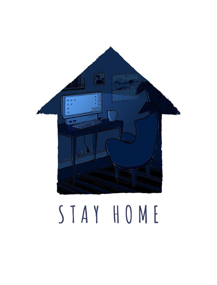 Cozy dark night home office vector illustration. Cute interior for working from home.