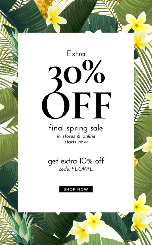 Vector summer design with exotic banana palm leaves, Frangipani flowers, pineapples and space for text. Sale offer template, banner of flyer background. Tropical backdrop illustration.