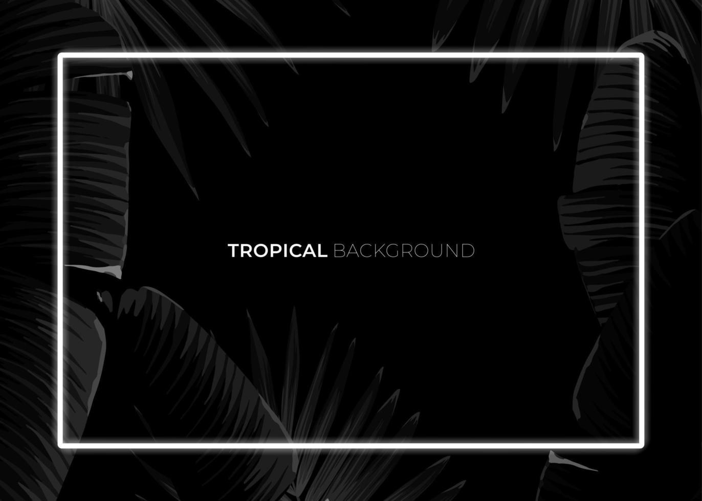 Dark monochrome tropical design with exotic banana leaves, soft neon frames and space for text. Vector summer template for poster, banner, card or flyer.