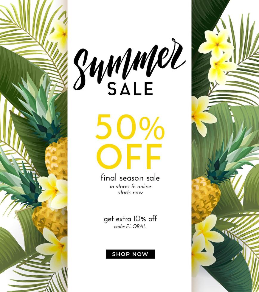 Vector summer design with exotic banana palm leaves, Frangipani flowers, pineapples and space for text. Sale offer template, banner of flyer background. Tropical backdrop illustration.