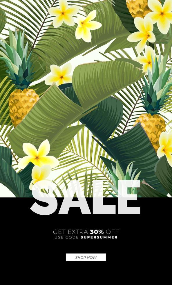 Vector summer design with exotic banana palm leaves, Frangipani flowers, pineapples and space for text. Sale offer template, banner of flyer background. Tropical backdrop illustration.