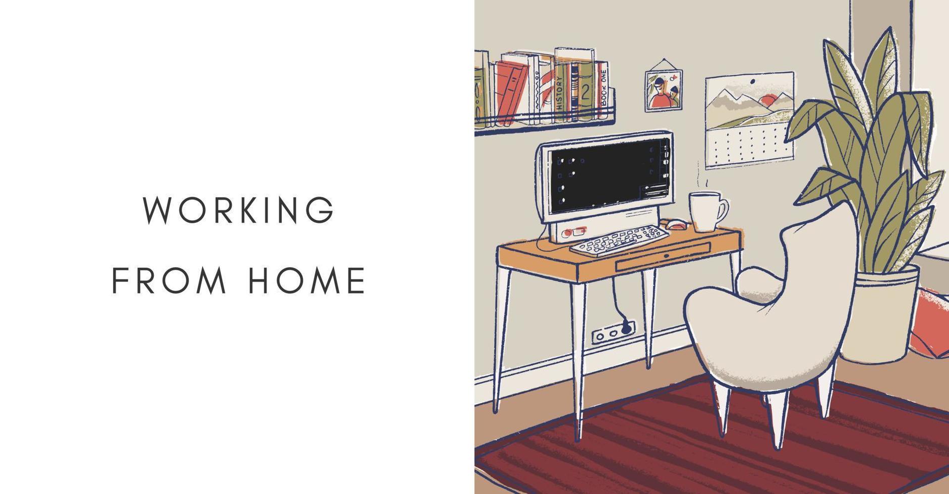 Cozy home office vector illustration. Cute interior for working from home.