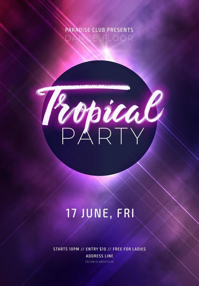 Dark purple neon tropical summer party flyer with lettering. Electric glow background with copy space. Modern blurs and gradients. Vector illustration.