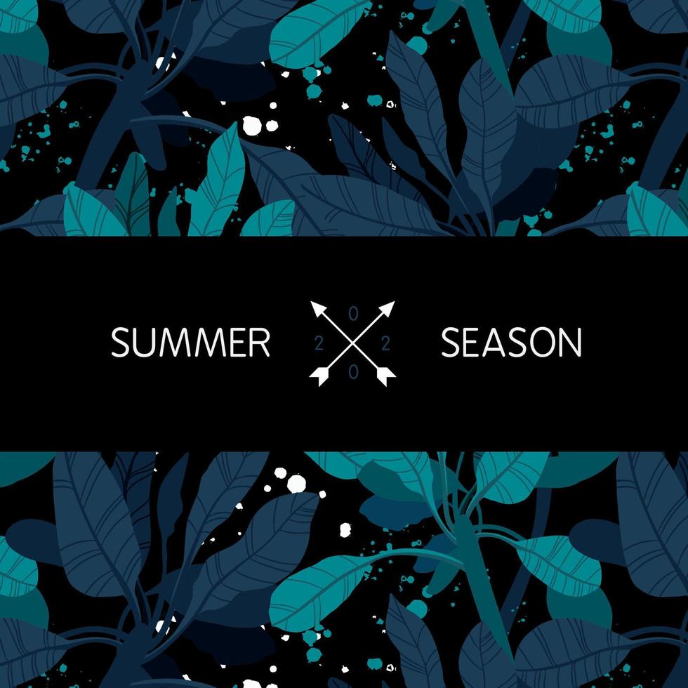Dark vector summer design with exotic palm leaves and space for text. Sale offer template, banner of flyer background. Tropical backdrop illustration.