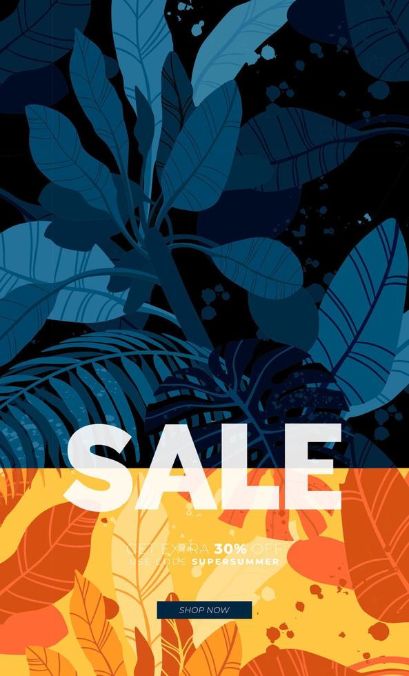 Dark vector summer design with exotic palm leaves and space for text. Sale offer template, banner of flyer background. Tropical backdrop illustration.
